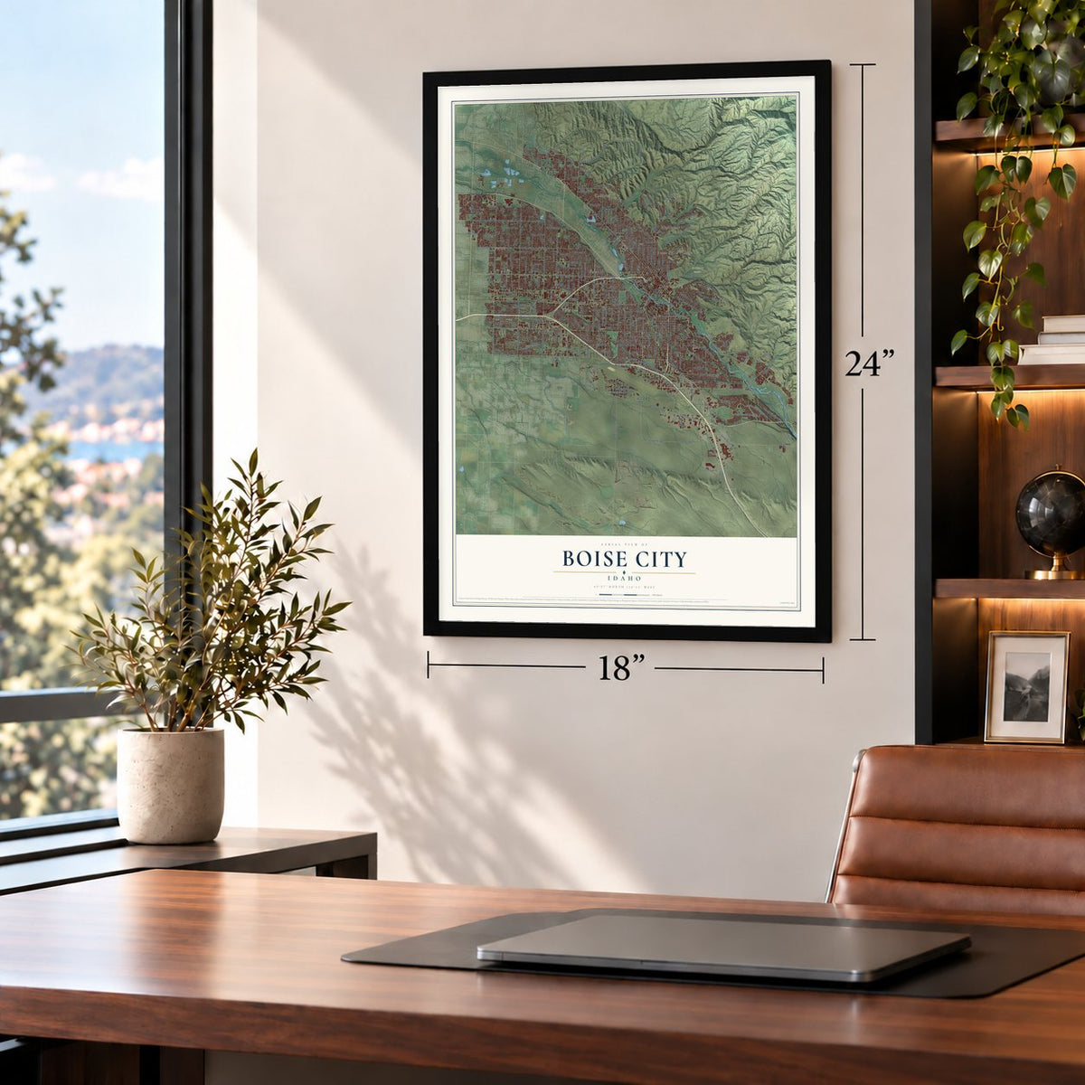 Boise City, Idaho map, 18 x 24 inch print in a black frame in a home office