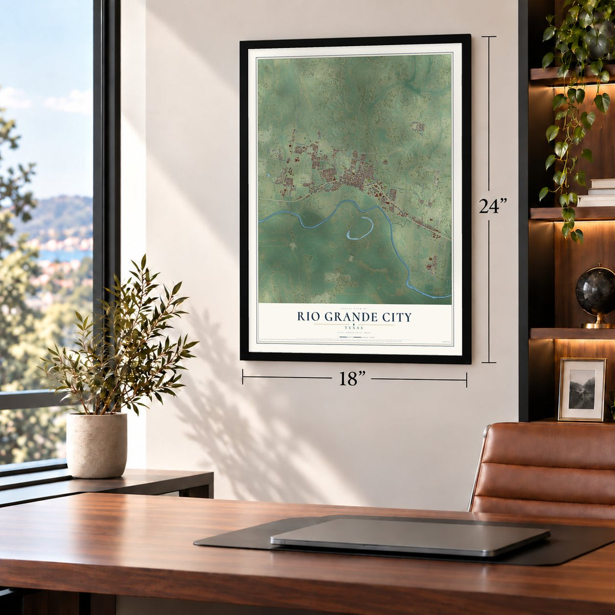 Rio Grande City, Texas map, 18 x 24 inch print in a black frame in a home office