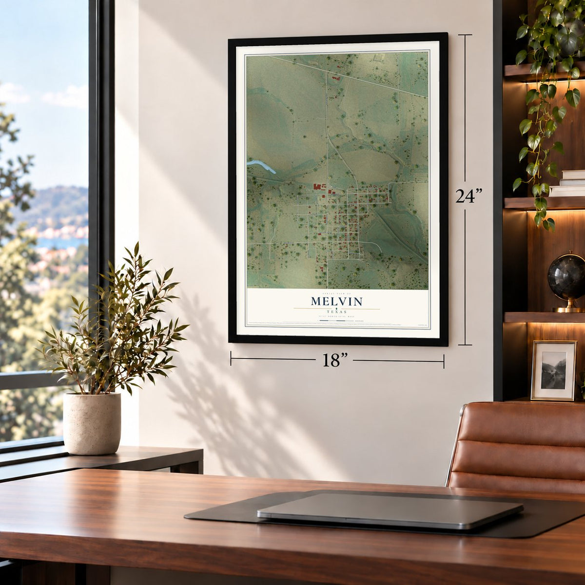 Melvin, Texas map, 18 x 24 inch print in a black frame in a home office