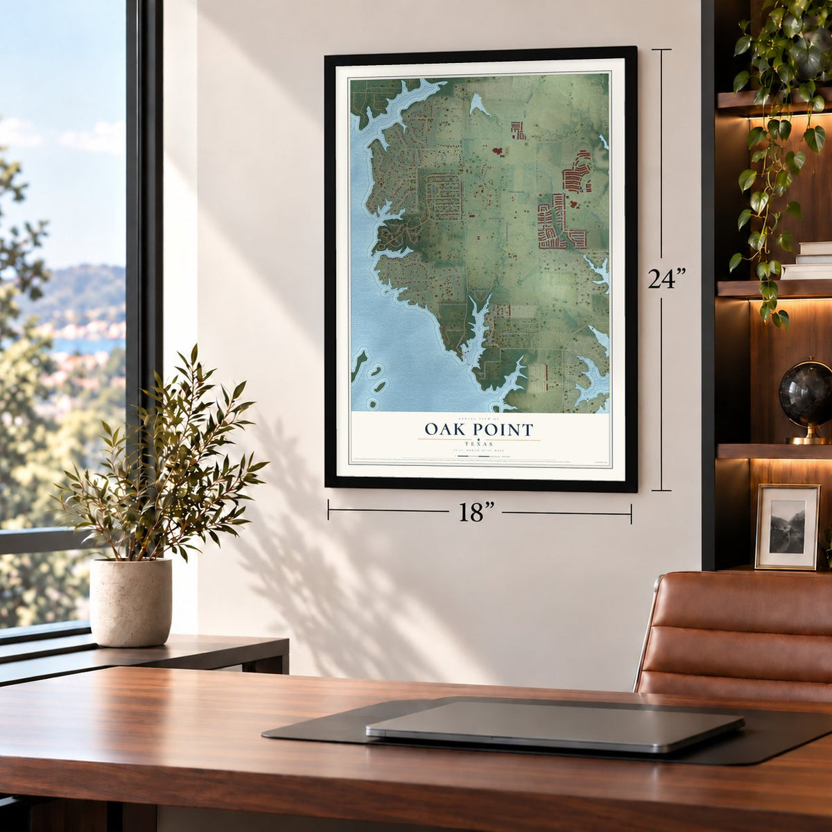 Oak Point, Texas map, 18 x 24 inch print in a black frame in a home office