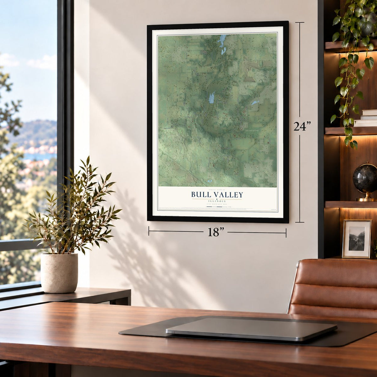 Bull Valley, Illinois map, 18 x 24 inch print in a black frame in a home office