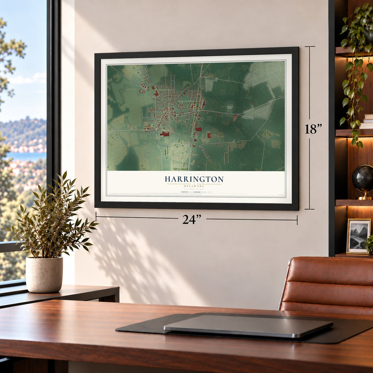 Harrington, Delaware map, 18 x 24 inch print in a black frame in a home office