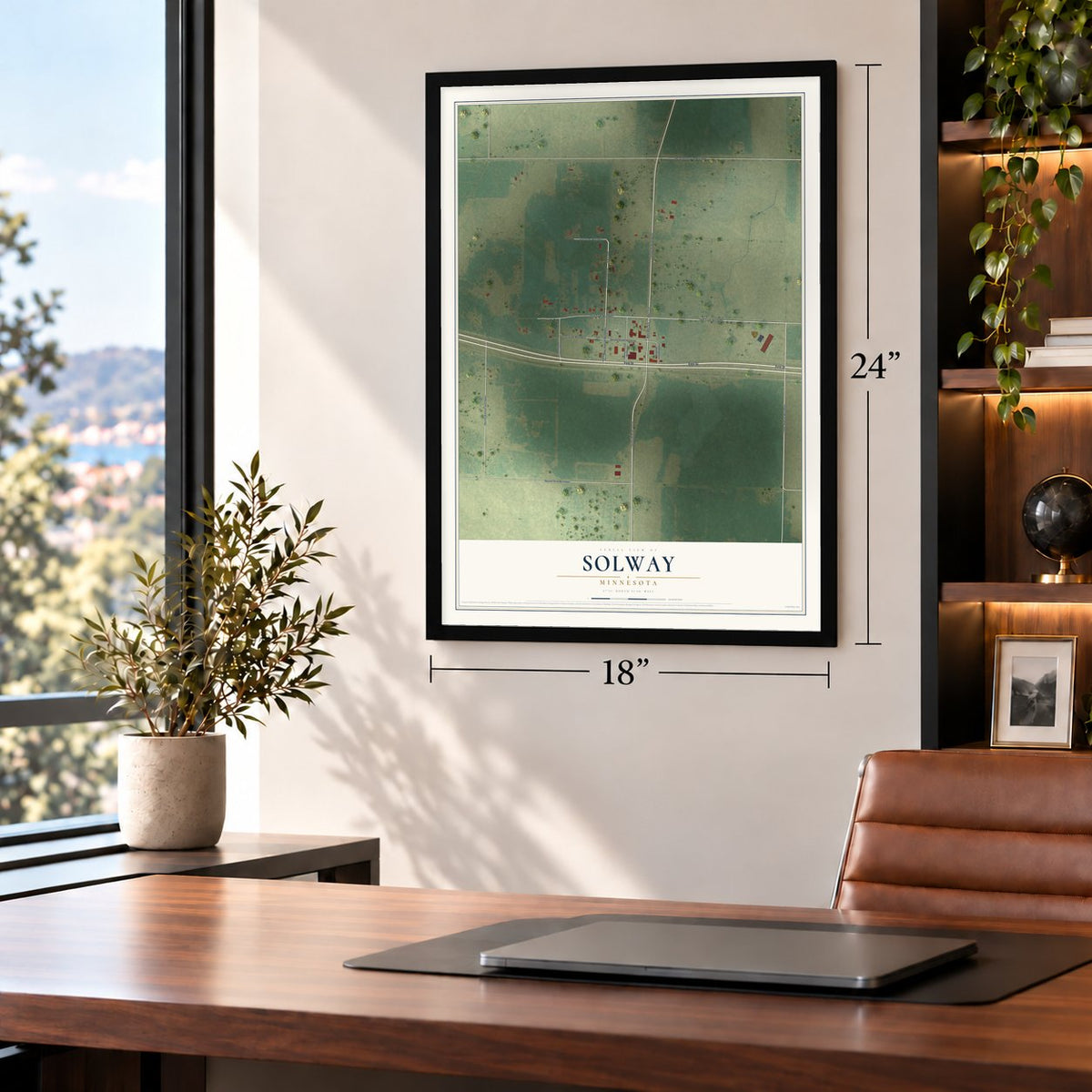 Solway, Minnesota map, 18 x 24 inch print in a black frame in a home office