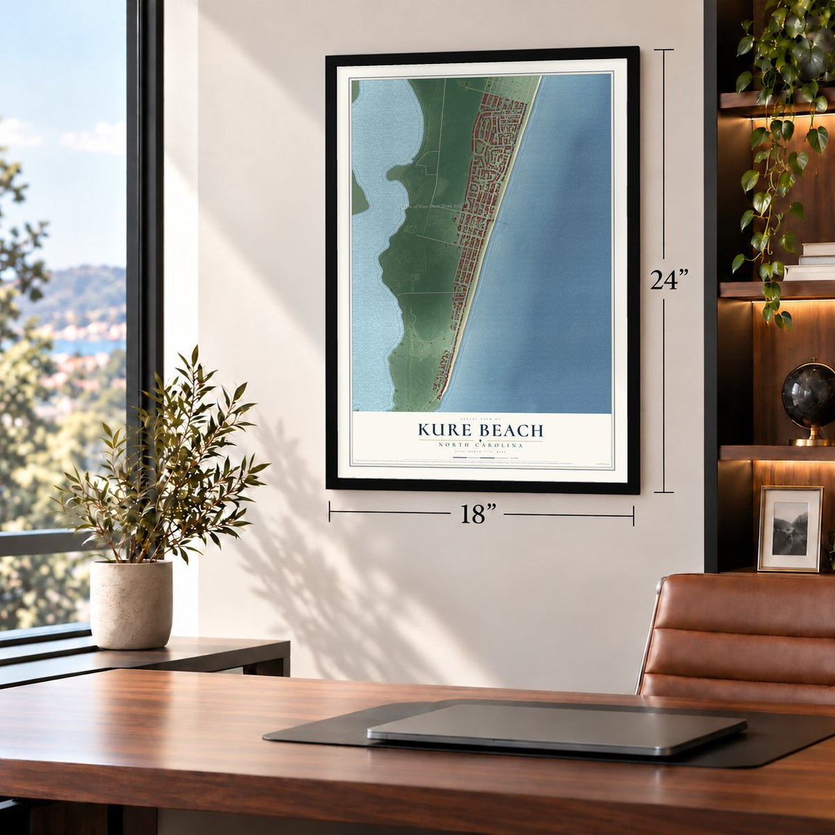 Kure Beach, North Carolina map, 18 x 24 inch print in a black frame in a home office
