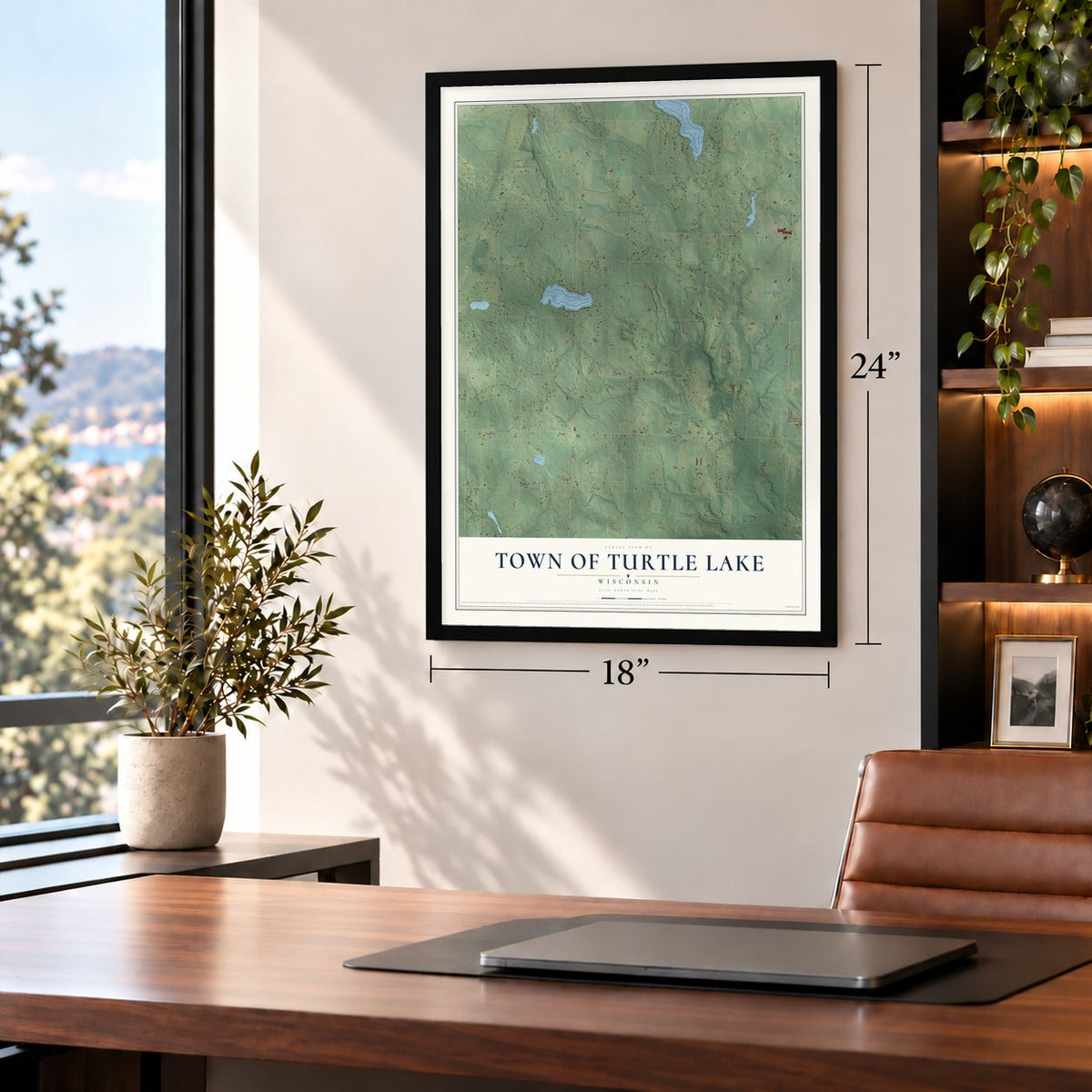 Town of Turtle Lake, Wisconsin map, 18 x 24 inch print in a black frame in a home office