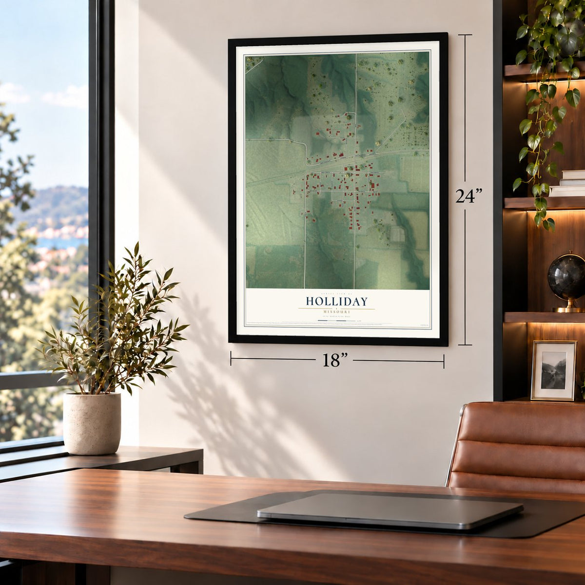 Holliday, Missouri map, 18 x 24 inch print in a black frame in a home office