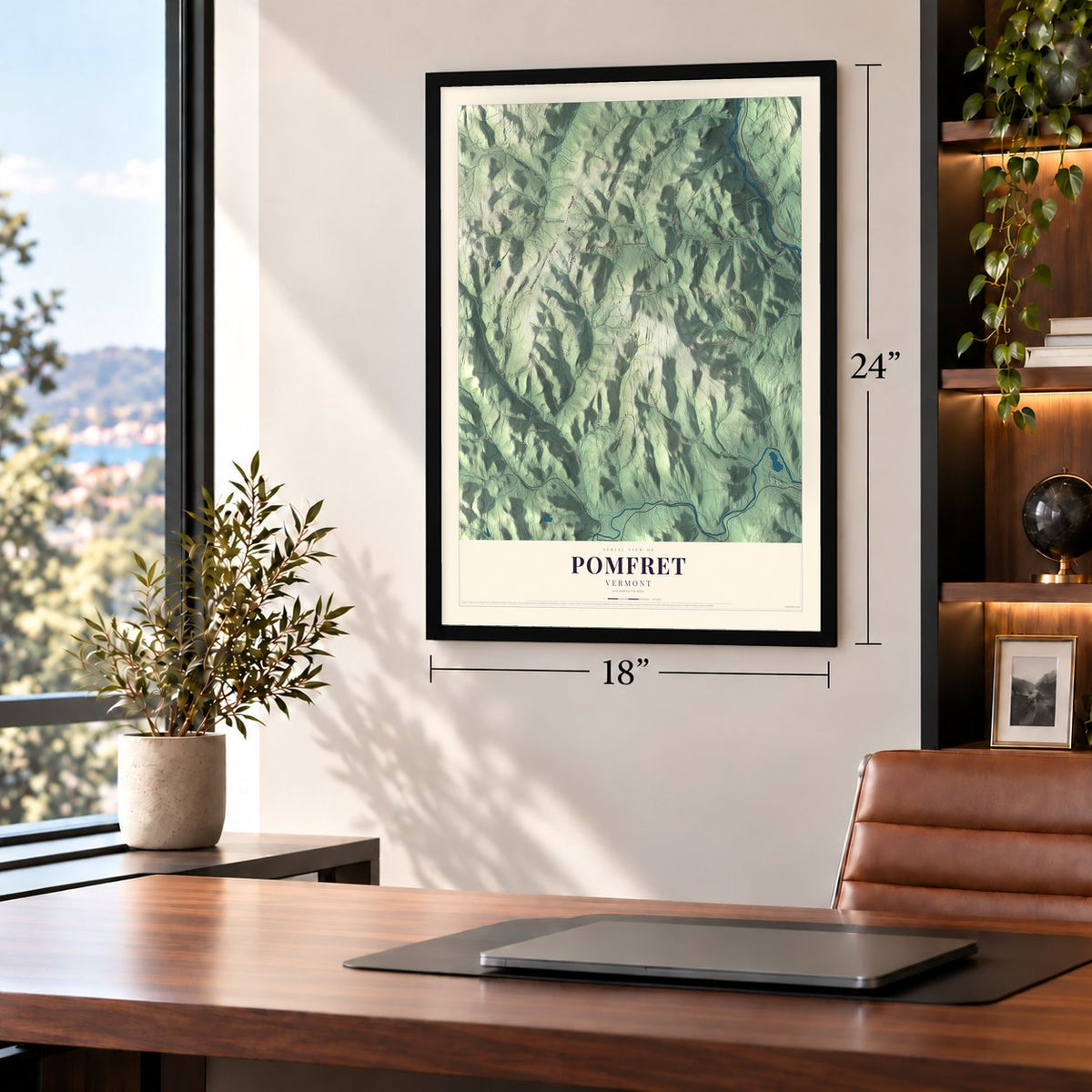Pomfret, Vermont map, 18 x 24 inch print in a black frame in a home office