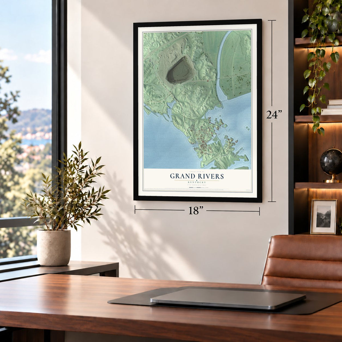 Grand Rivers, Kentucky map, 18 x 24 inch print in a black frame in a home office