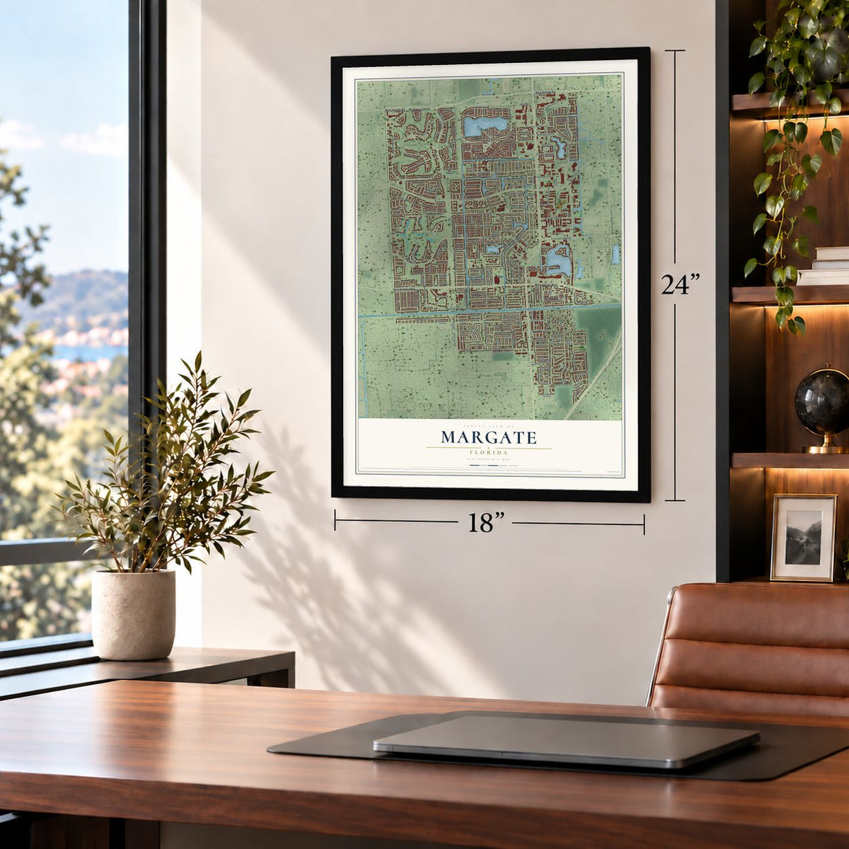 Margate, Florida map, 18 x 24 inch print in a black frame in a home office