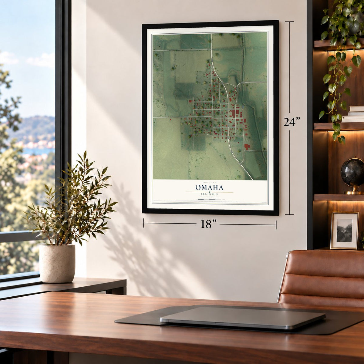 Omaha, Illinois map, 18 x 24 inch print in a black frame in a home office