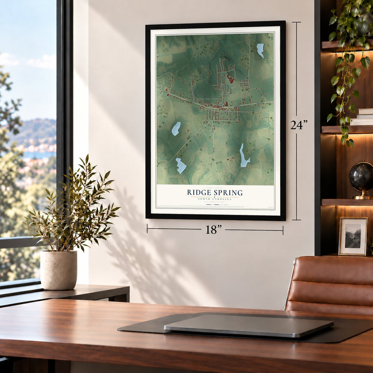 Ridge Spring, South Carolina map, 18 x 24 inch print in a black frame in a home office