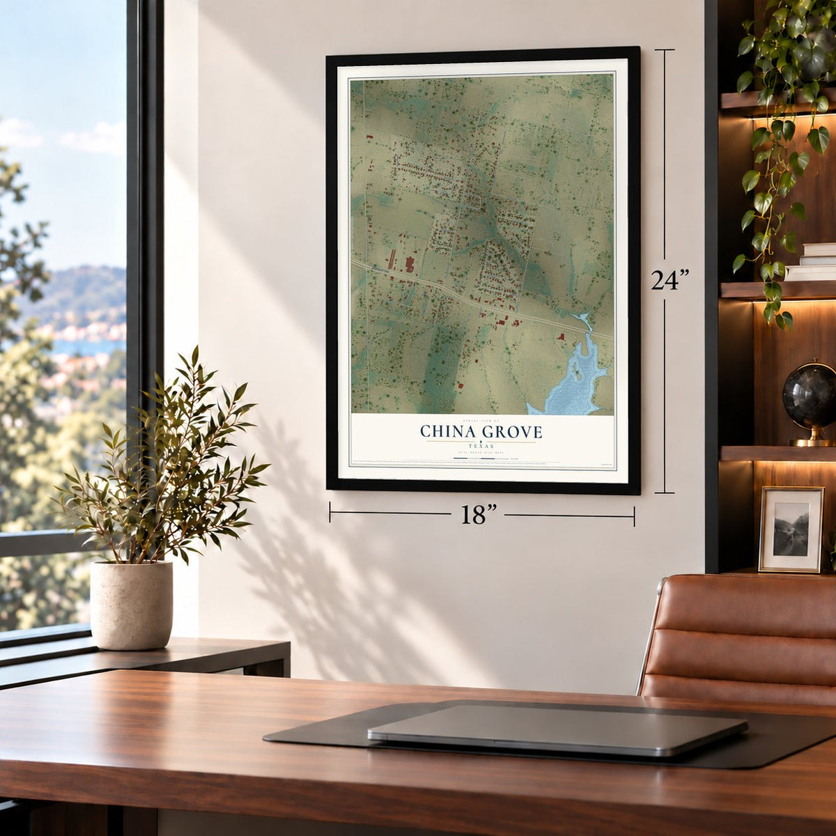 China Grove, Texas map, 18 x 24 inch print in a black frame in a home office