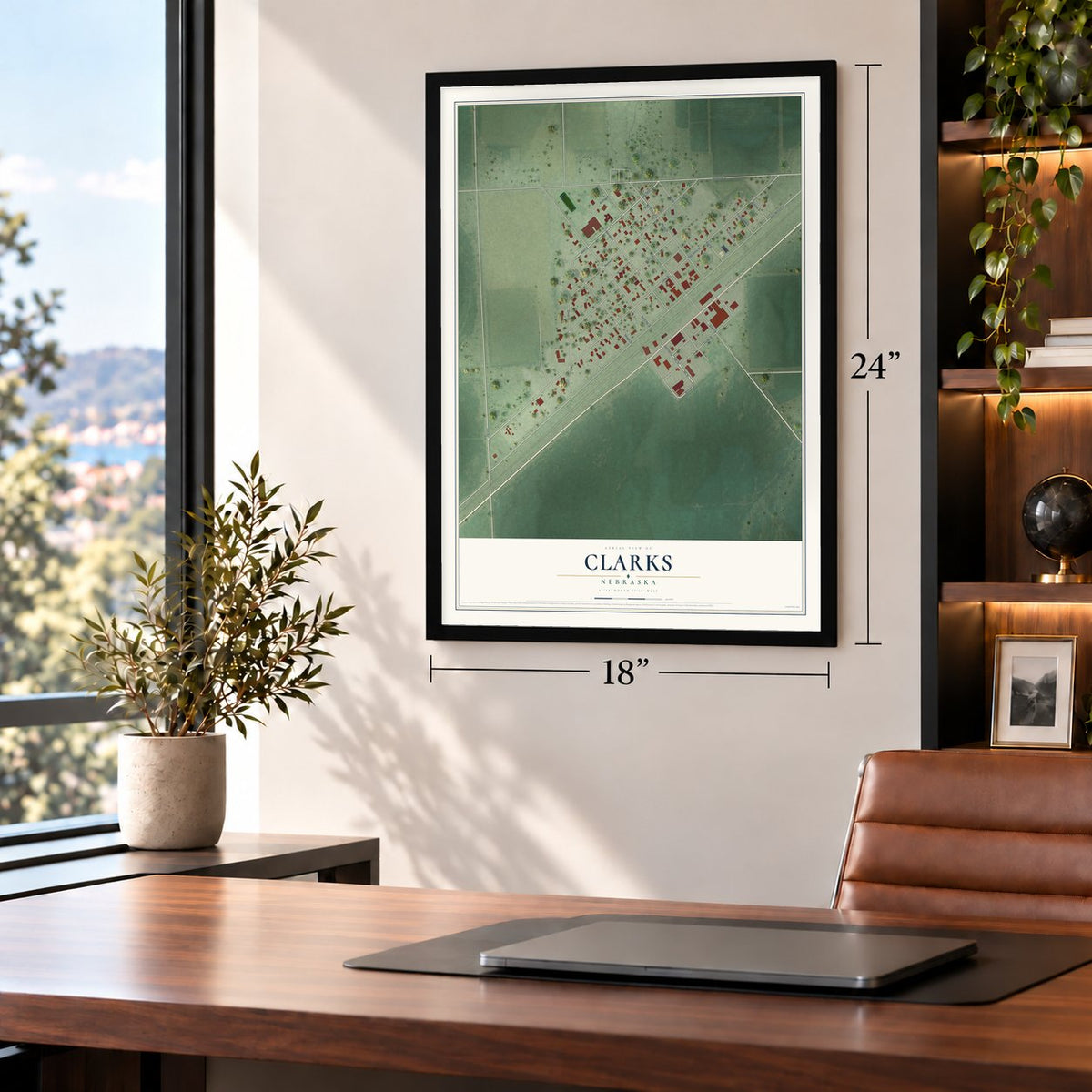 Clarks, Nebraska map, 18 x 24 inch print in a black frame in a home office