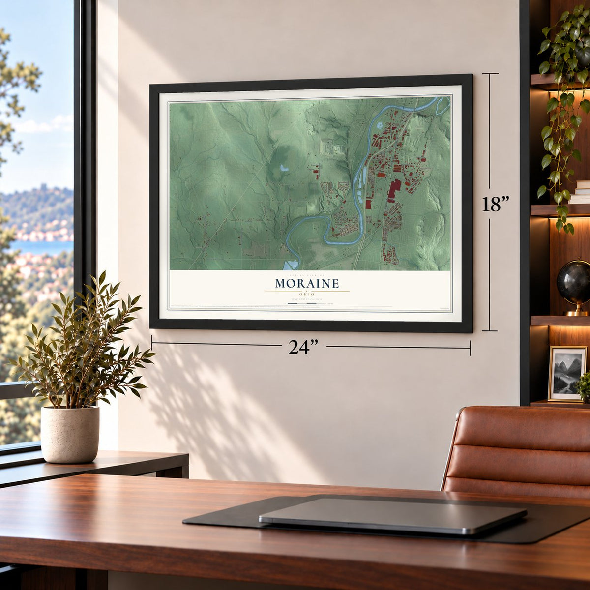 Moraine, Ohio map, 18 x 24 inch print in a black frame in a home office