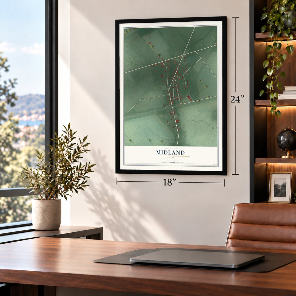 Midland, Ohio map, 18 x 24 inch print in a black frame in a home office