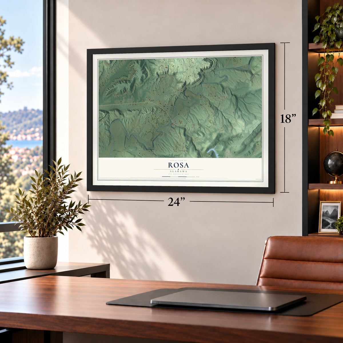 Rosa, Alabama map, 18 x 24 inch print in a black frame in a home office