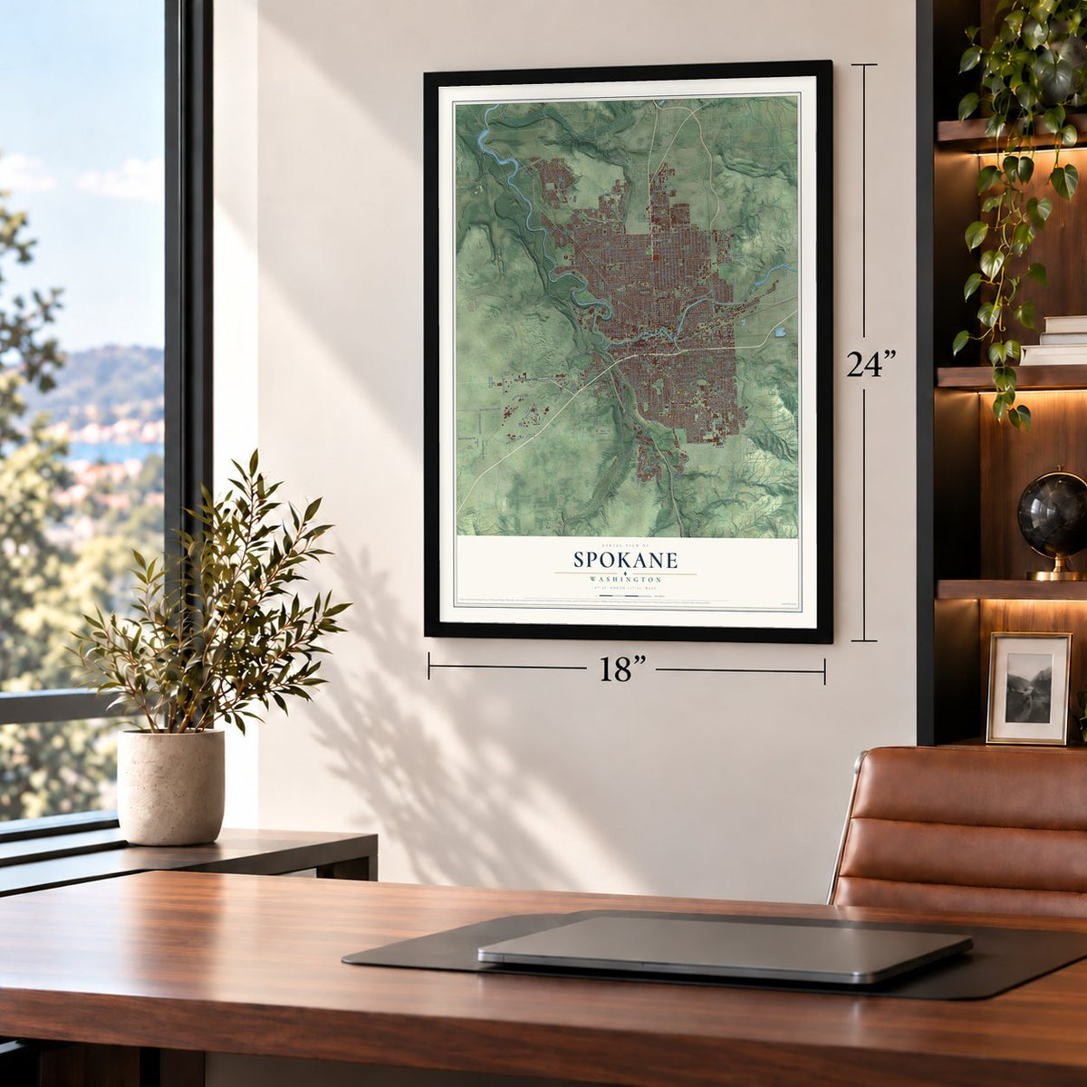 Spokane, Washington map, 18 x 24 inch print in a black frame in a home office