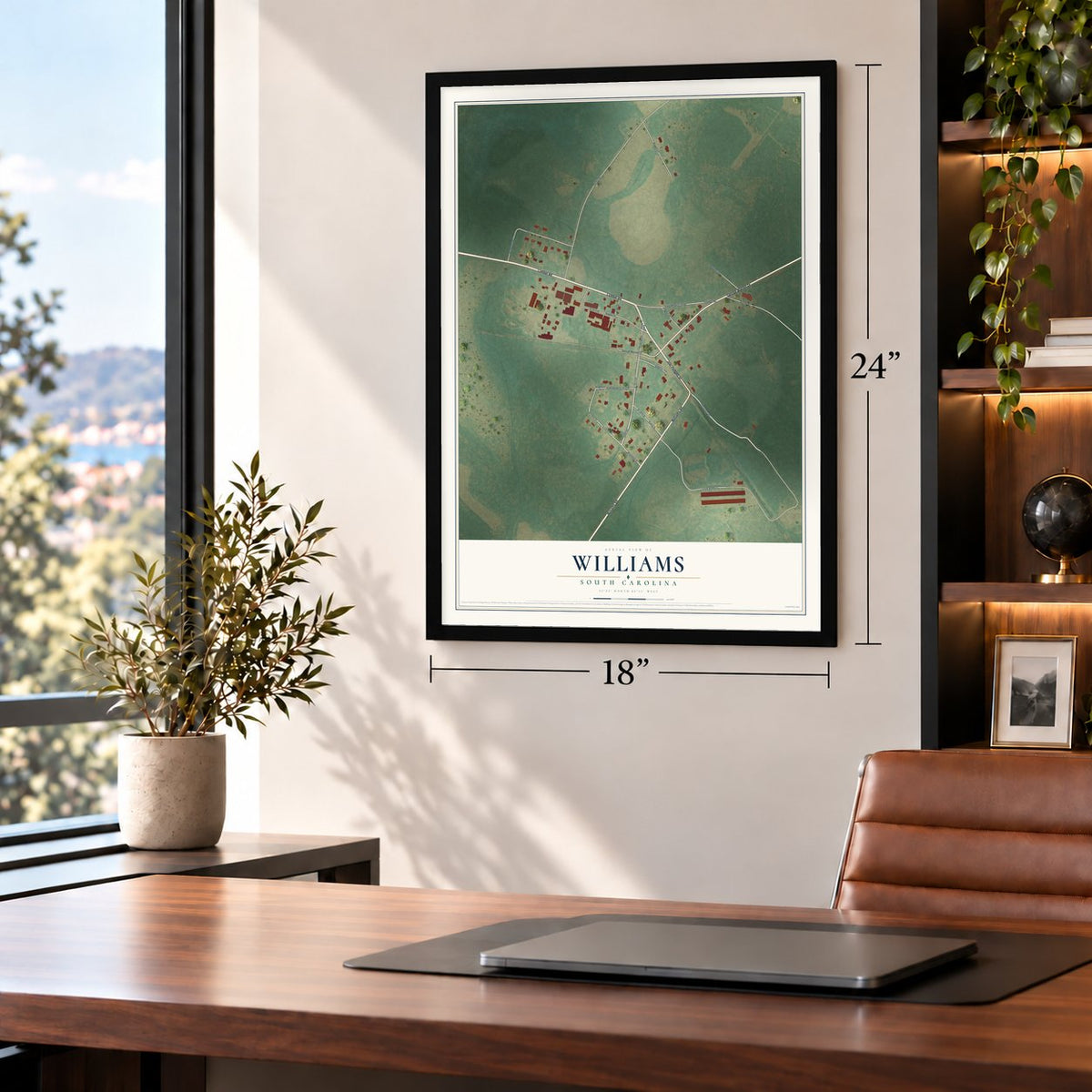 Williams, South Carolina map, 18 x 24 inch print in a black frame in a home office