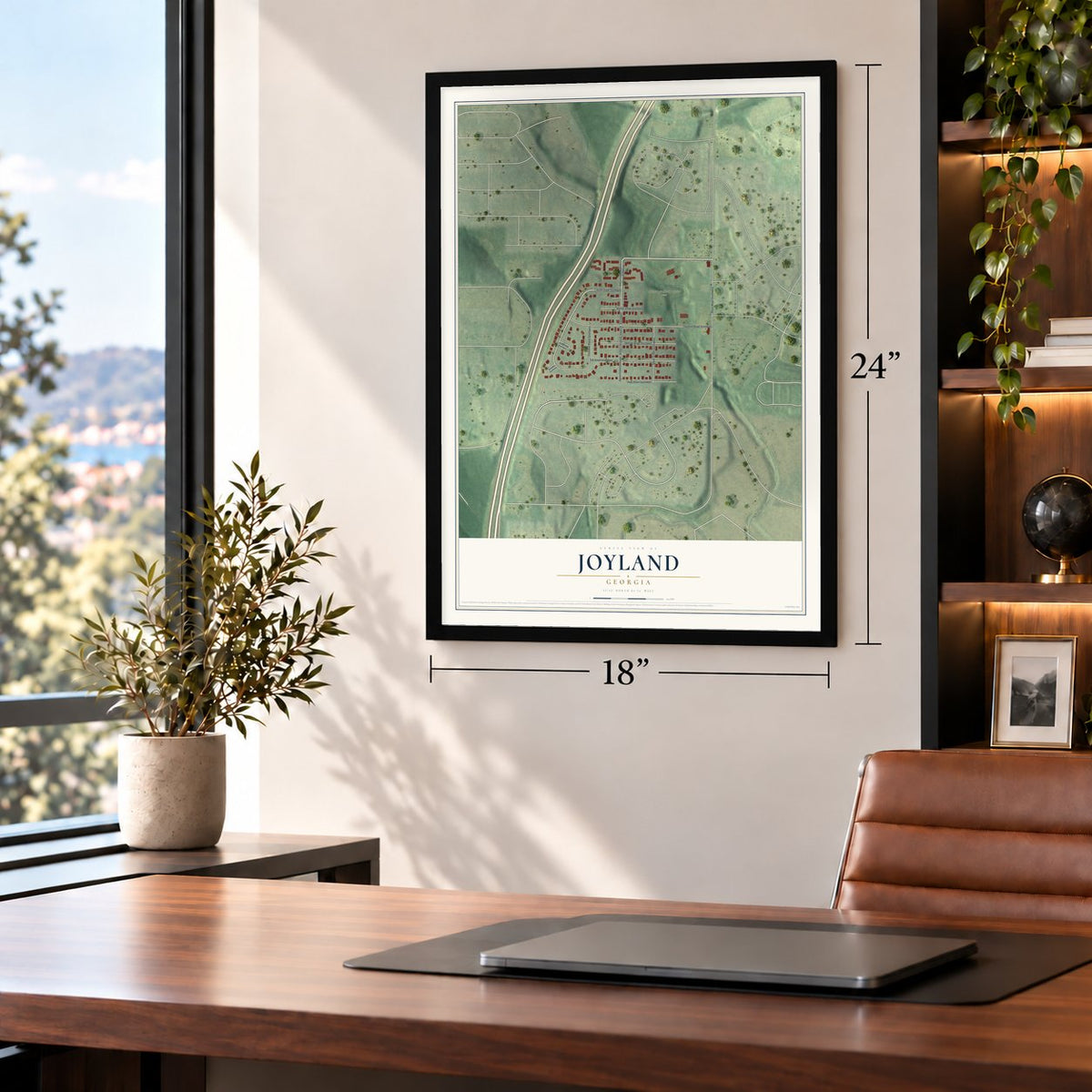 Joyland, Georgia map, 18 x 24 inch print in a black frame in a home office