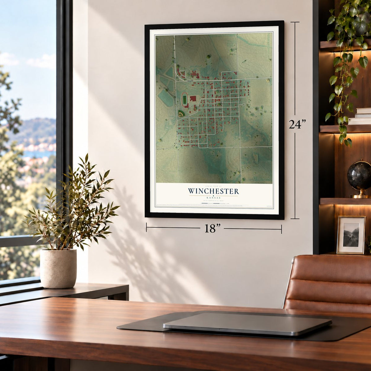 Winchester, Kansas map, 18 x 24 inch print in a black frame in a home office