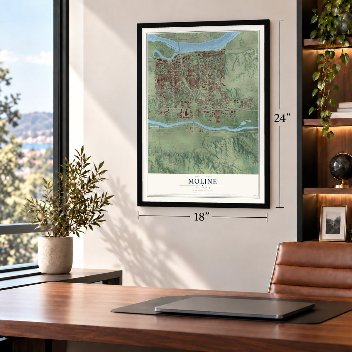 Moline, Illinois map, 18 x 24 inch print in a black frame in a home office