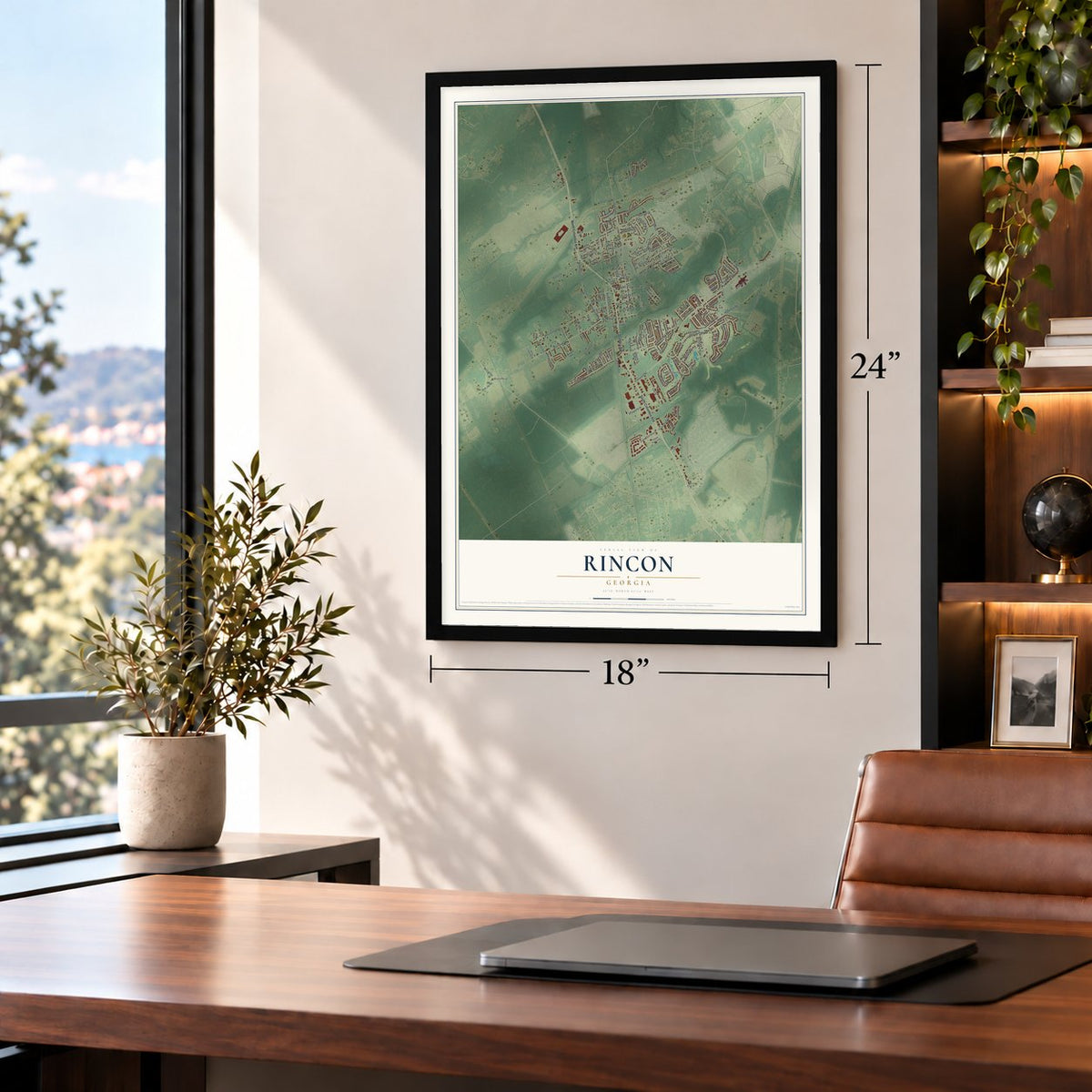 Rincon, Georgia map, 18 x 24 inch print in a black frame in a home office
