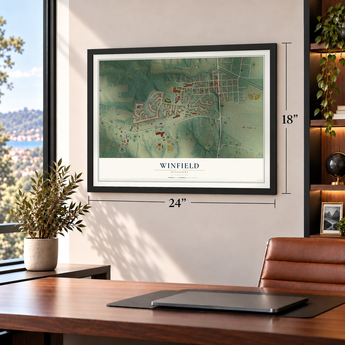 Winfield, Missouri map, 18 x 24 inch print in a black frame in a home office