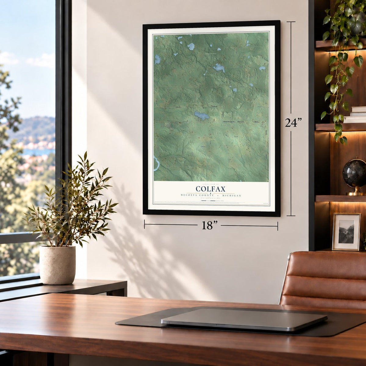 Colfax, Mecosta County, Michigan map, 18 x 24 inch print in a black frame in a home office