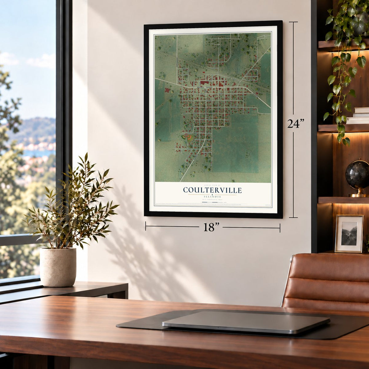 Coulterville, Illinois map, 18 x 24 inch print in a black frame in a home office