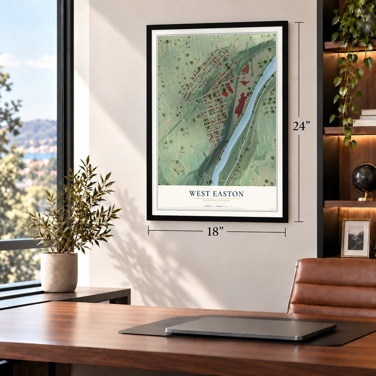 West Easton, Pennsylvania map, 18 x 24 inch print in a black frame in a home office