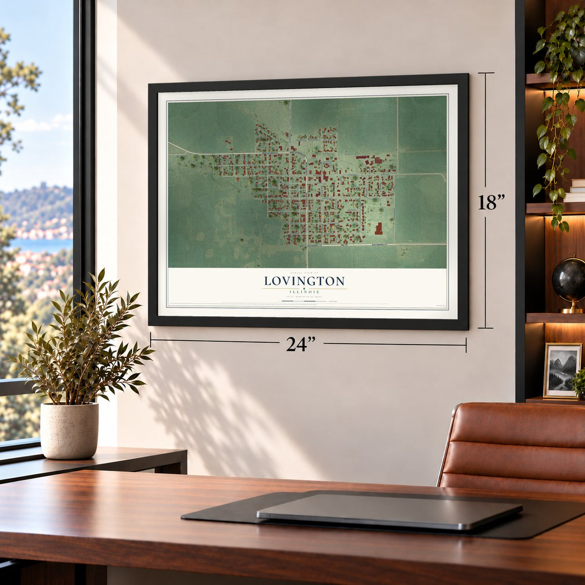 Lovington, Illinois map, 18 x 24 inch print in a black frame in a home office