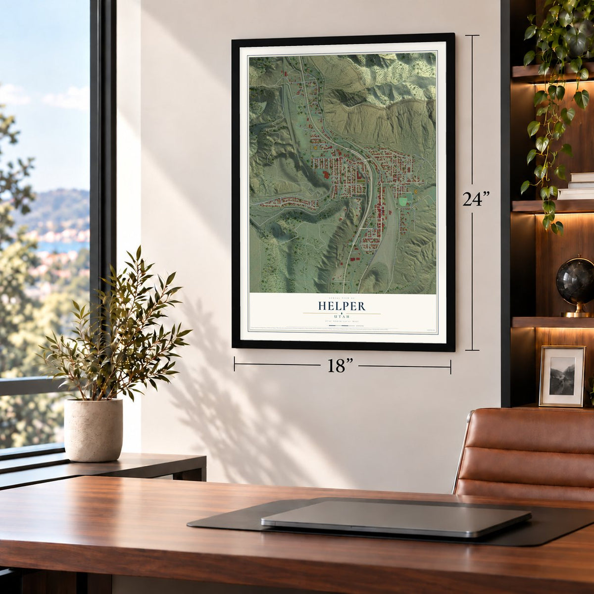 Helper, Utah map, 18 x 24 inch print in a black frame in a home office