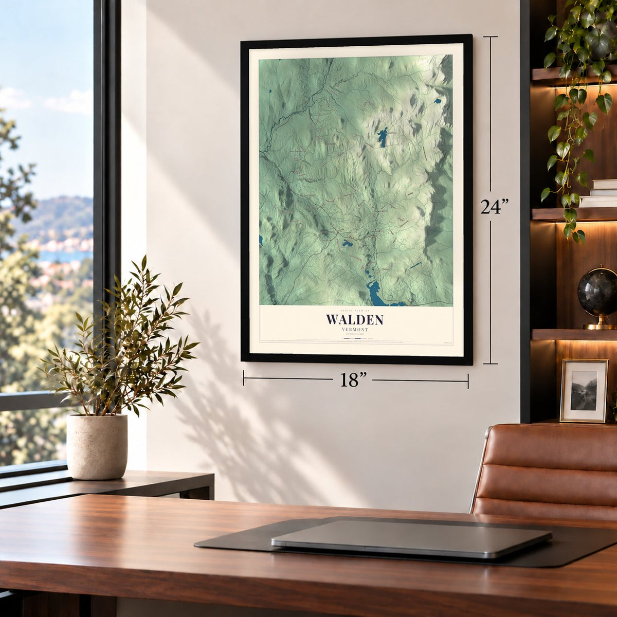 Walden, Vermont map, 18 x 24 inch print in a black frame in a home office