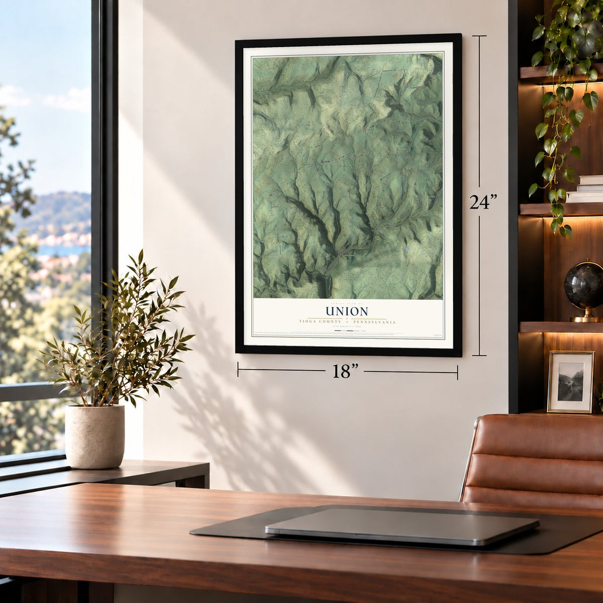 Union, Tioga County, Pennsylvania map, 18 x 24 inch print in a black frame in a home office