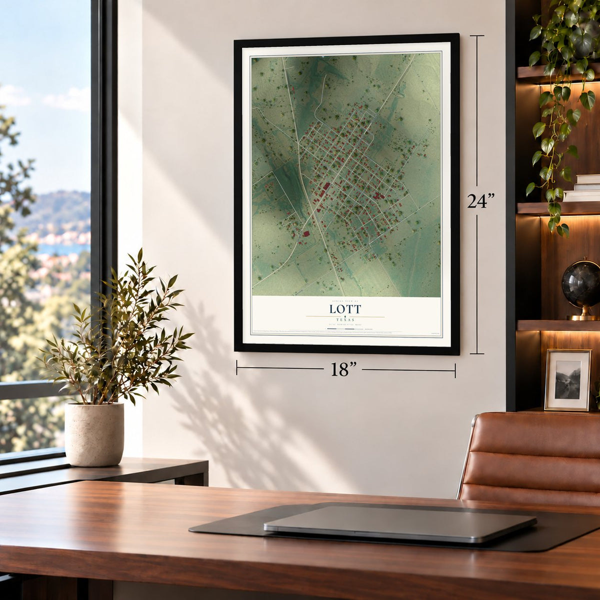 Lott, Texas map, 18 x 24 inch print in a black frame in a home office