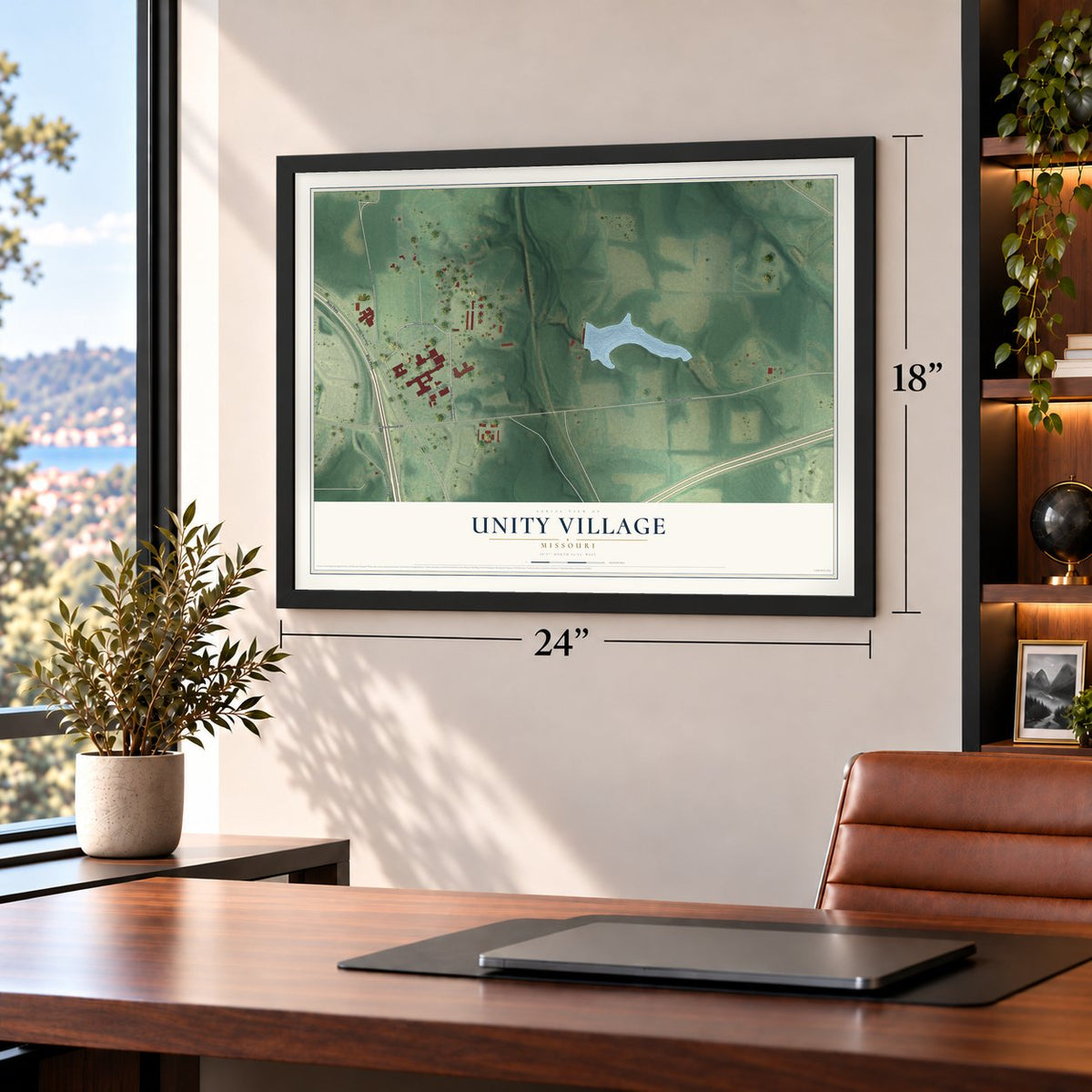 Unity Village, Missouri map, 18 x 24 inch print in a black frame in a home office