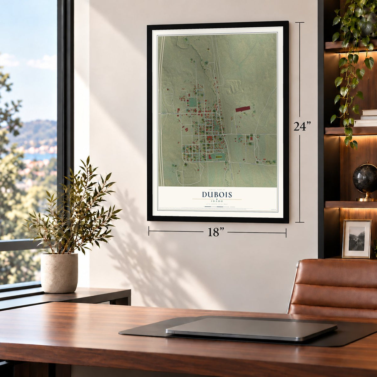 Dubois, Idaho map, 18 x 24 inch print in a black frame in a home office
