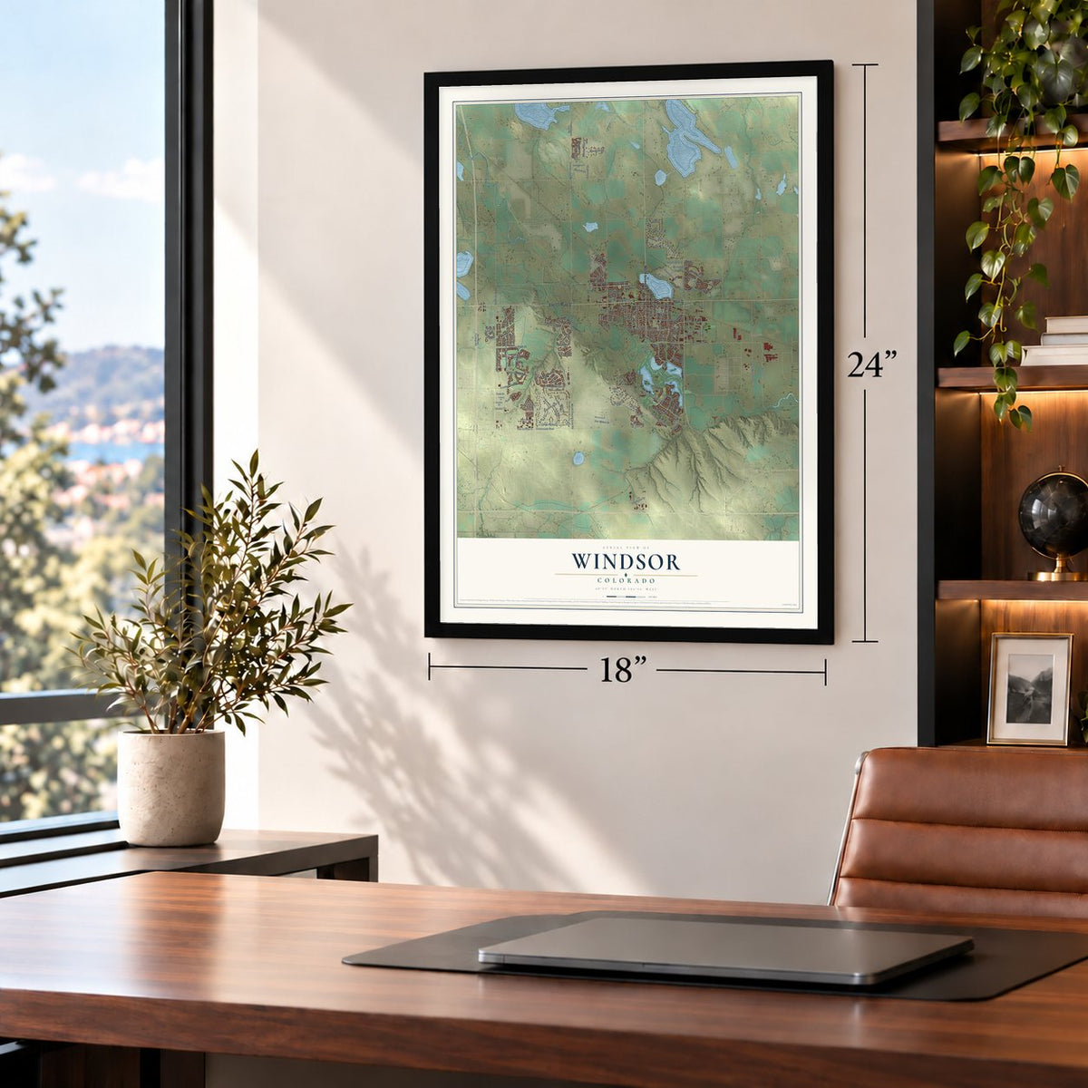 Windsor, Colorado map, 18 x 24 inch print in a black frame in a home office