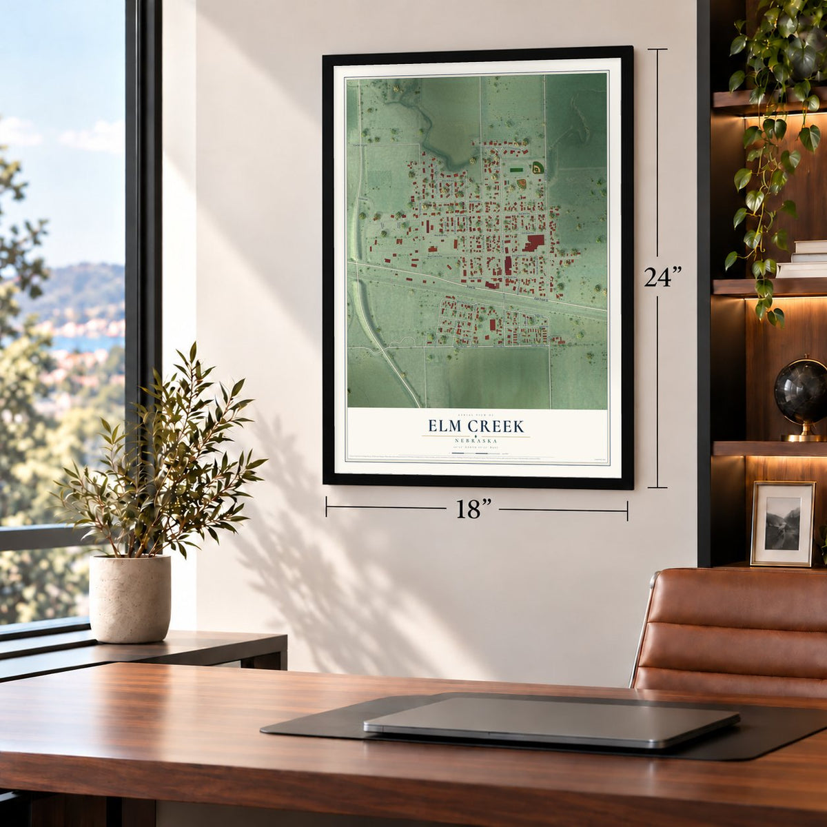 Elm Creek, Nebraska map, 18 x 24 inch print in a black frame in a home office