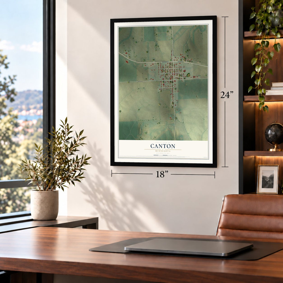 Canton, Minnesota map, 18 x 24 inch print in a black frame in a home office