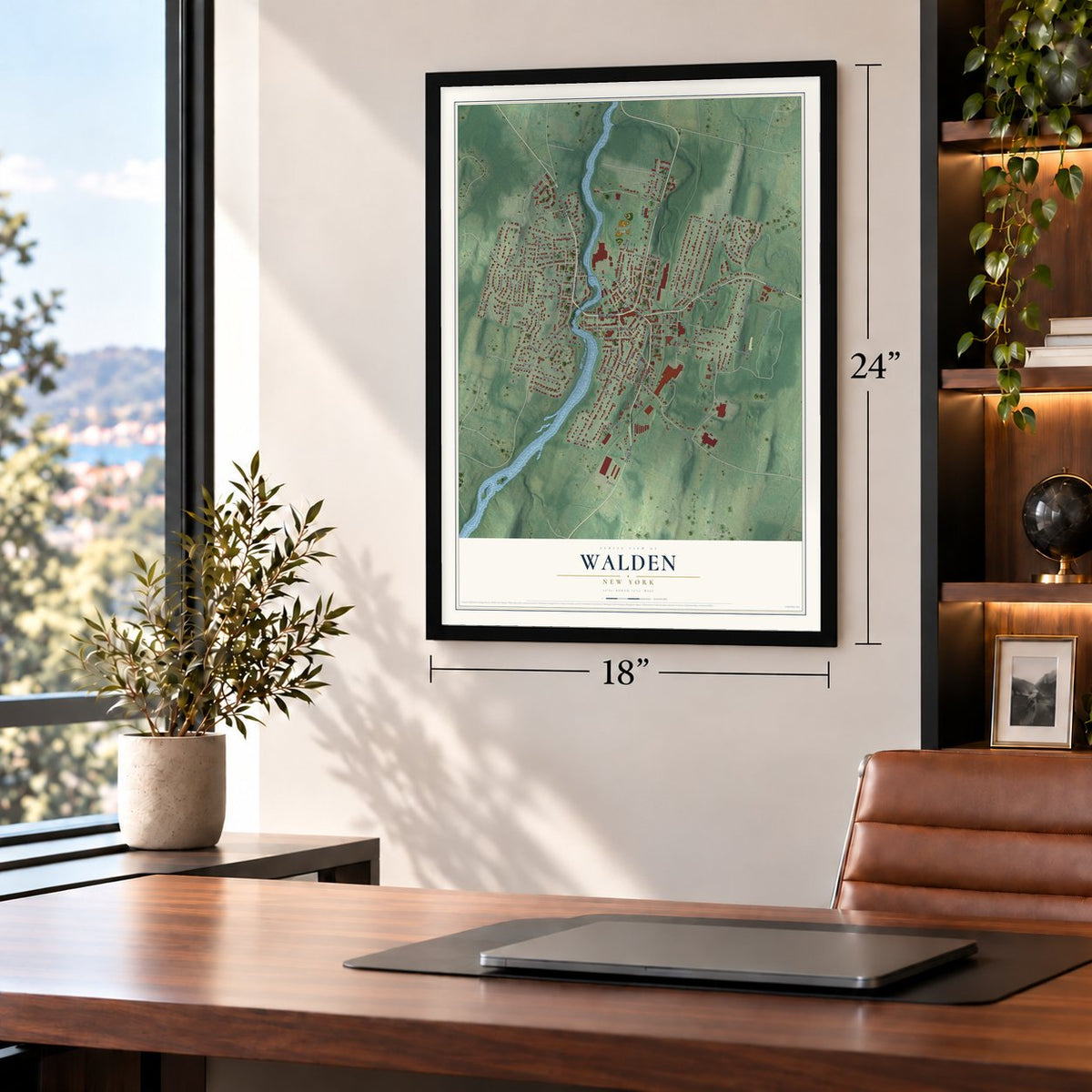 Walden, New York map, 18 x 24 inch print in a black frame in a home office