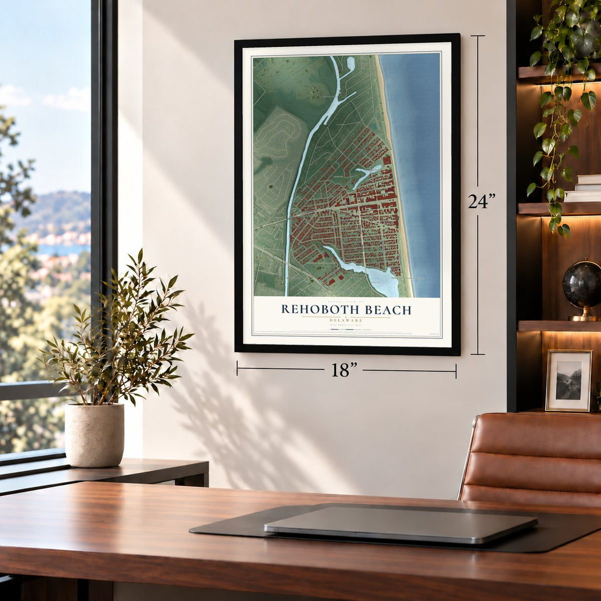 Rehoboth Beach, Delaware map, 18 x 24 inch print in a black frame in a home office