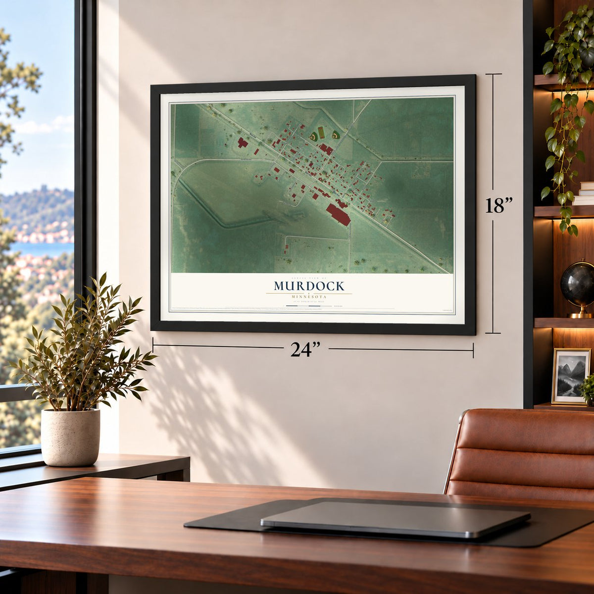 Murdock, Minnesota map, 18 x 24 inch print in a black frame in a home office