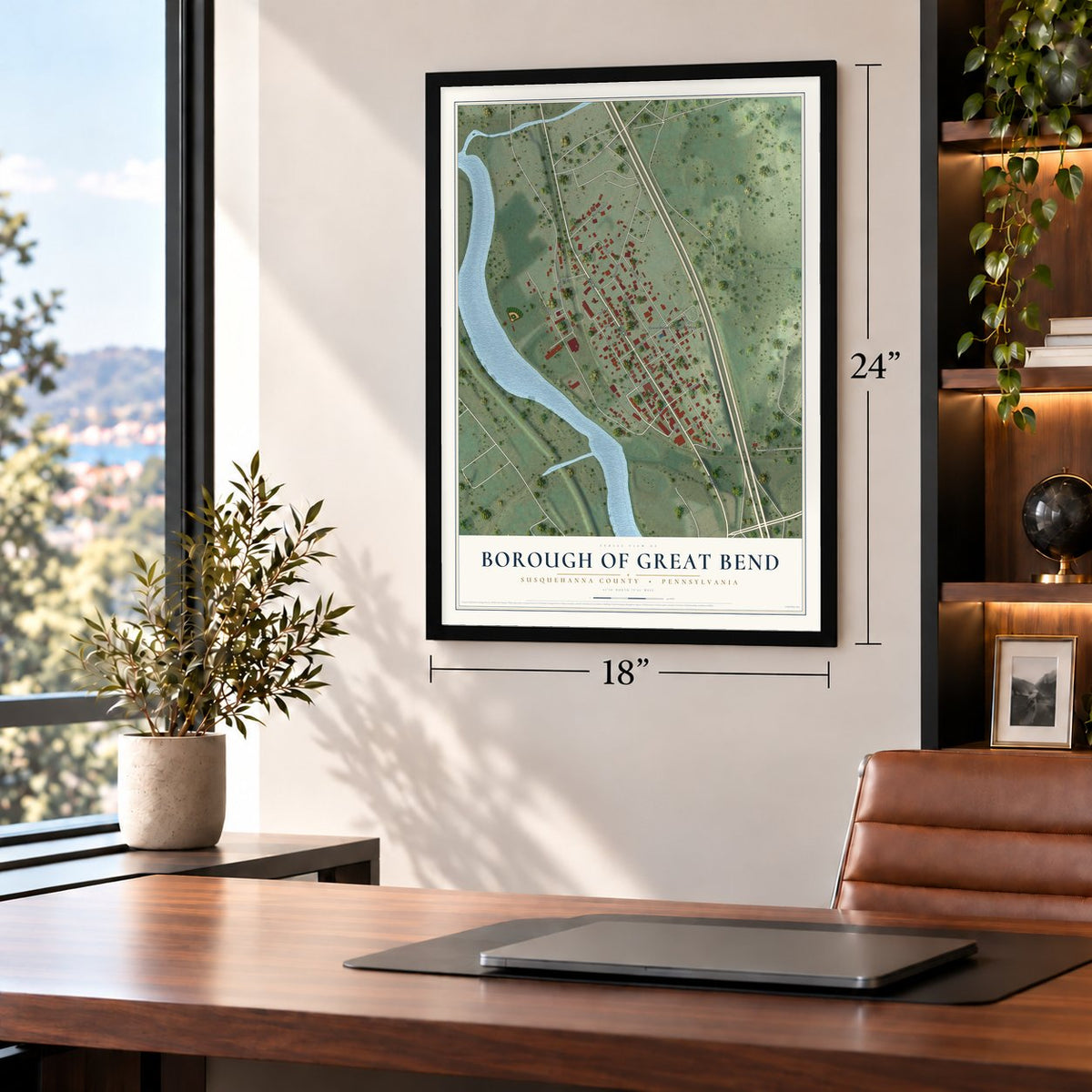Borough of Great Bend, Susquehanna County, Pennsylvania map, 18 x 24 inch print in a black frame in a home office