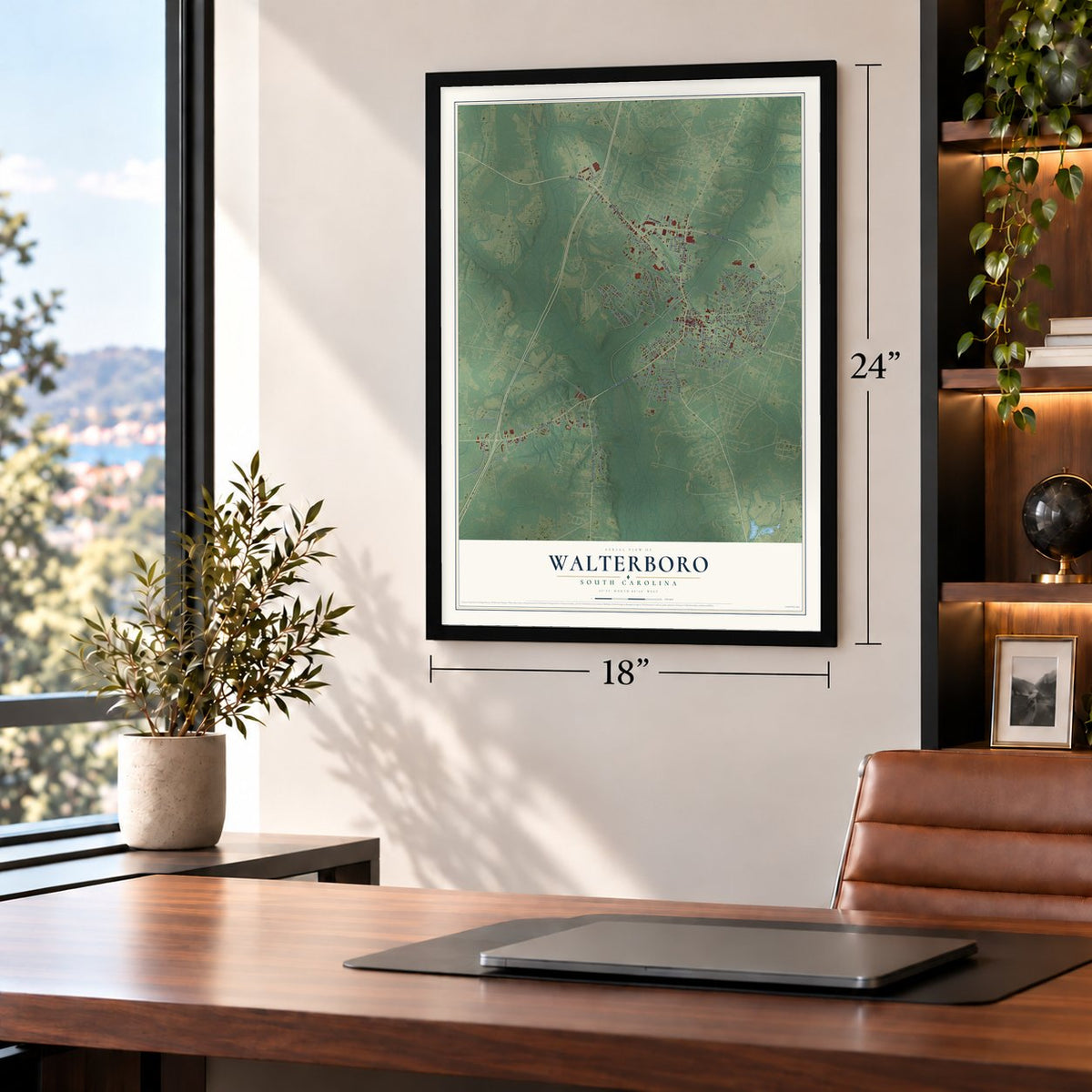 Walterboro, South Carolina map, 18 x 24 inch print in a black frame in a home office