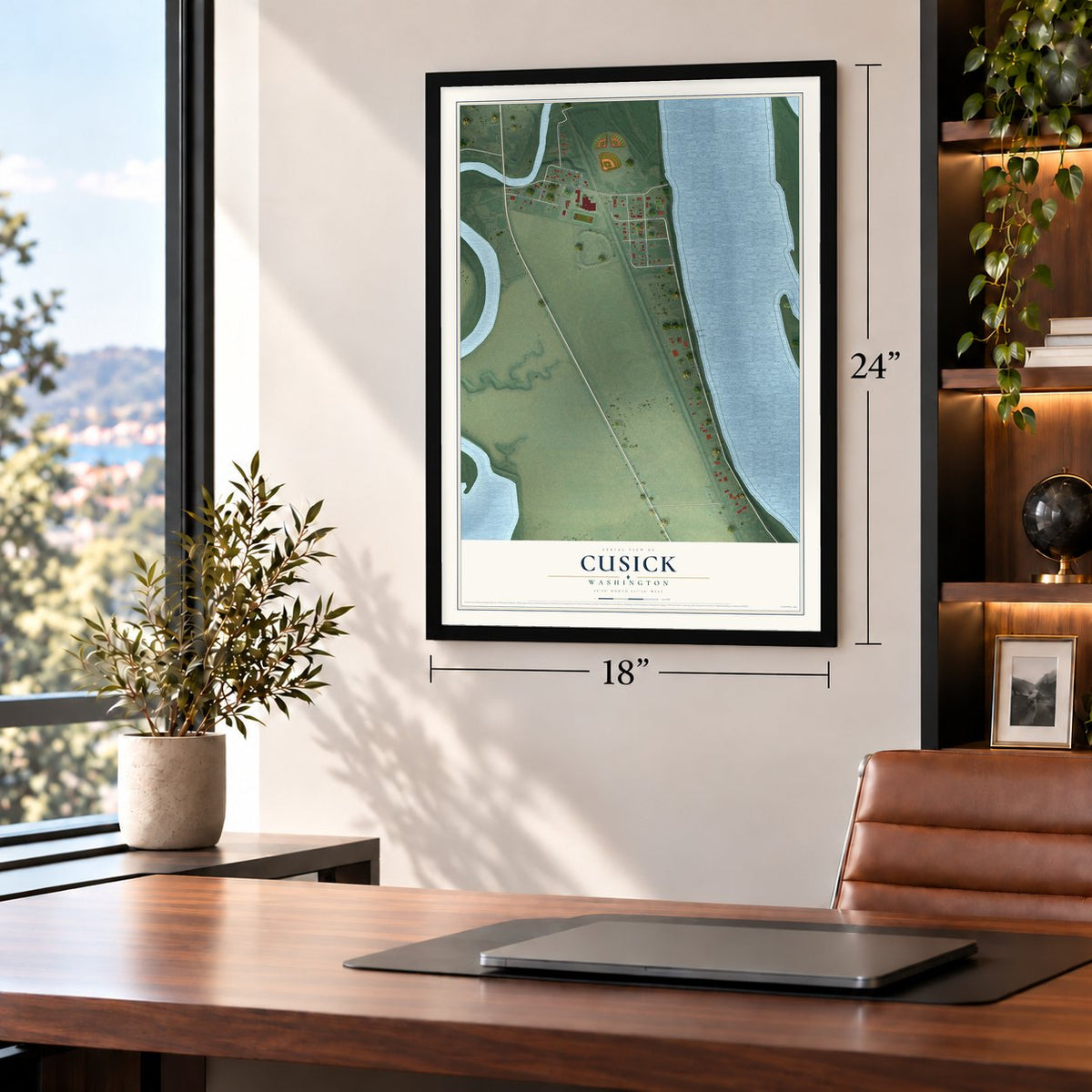 Cusick, Washington map, 18 x 24 inch print in a black frame in a home office