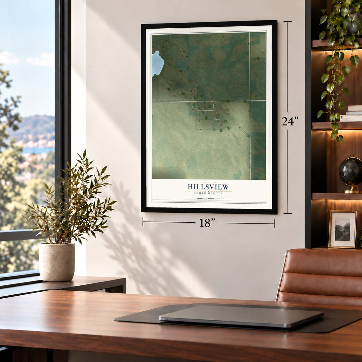 Hillsview, South Dakota map, 18 x 24 inch print in a black frame in a home office