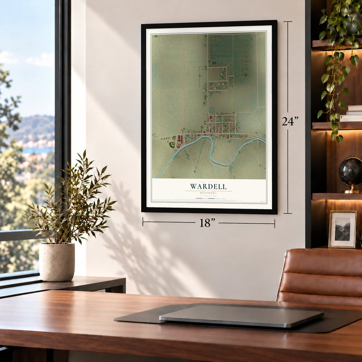 Wardell, Missouri map, 18 x 24 inch print in a black frame in a home office