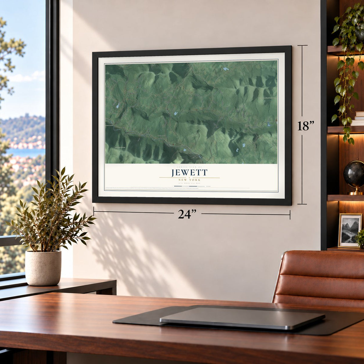 Jewett, New York map, 18 x 24 inch print in a black frame in a home office