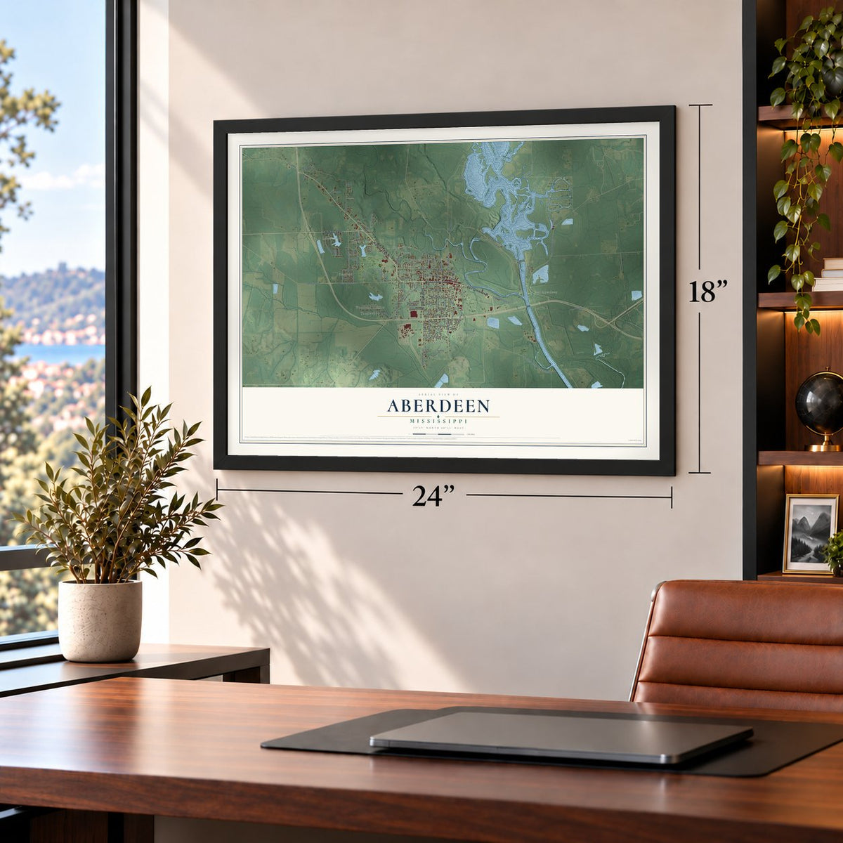 Aberdeen, Mississippi map, 18 x 24 inch print in a black frame in a home office